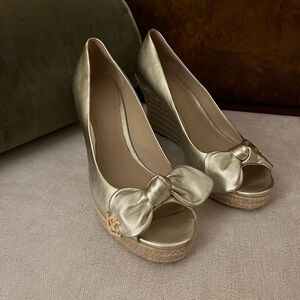 Tory Burch Gold Satin Wedge Shoes with Bow